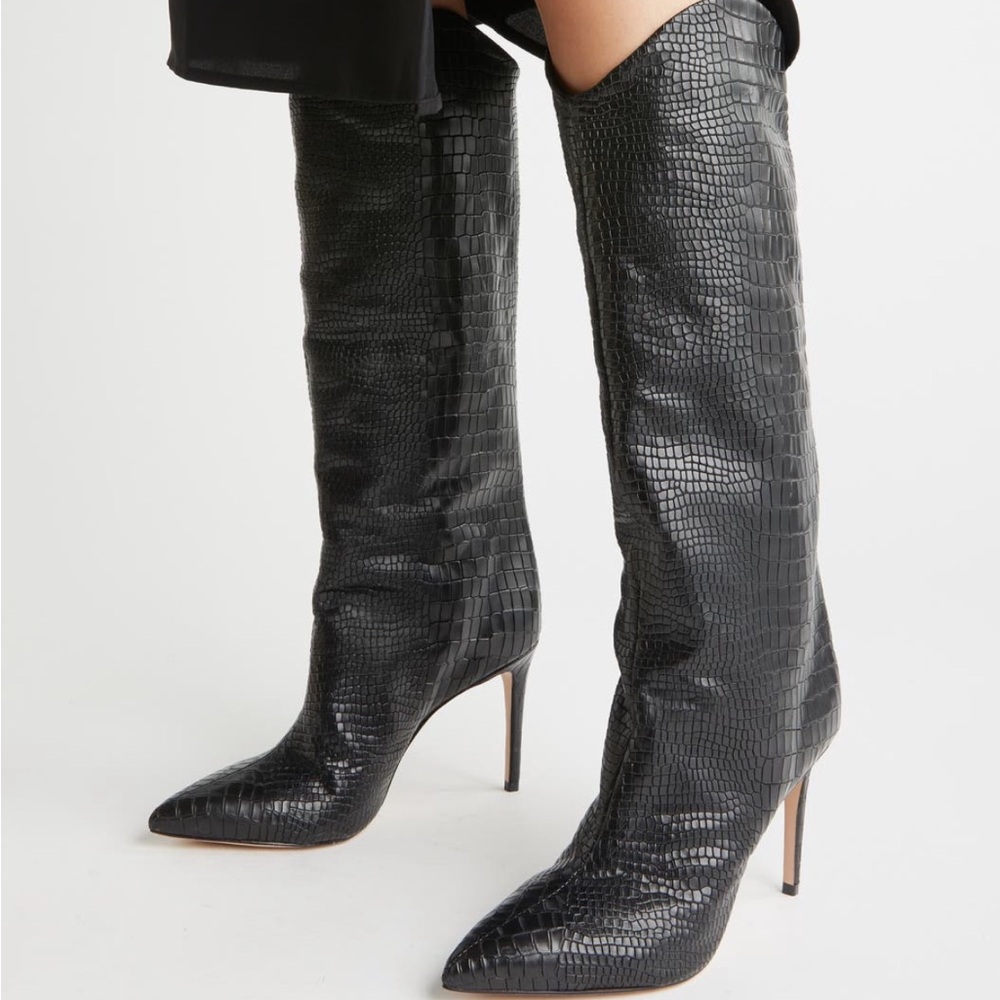 SCHUTZ Black Croc-Embossed Heeled Boots